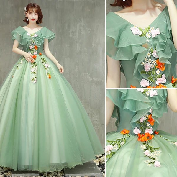 Chic / Beautiful Sage Green Prom Dresses 2019 Ball Gown V-Neck Lace Flower Short Sleeve Backless Floor-Length / Long Formal Dresses