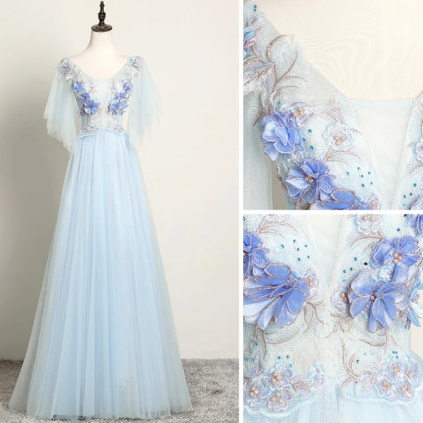Chic / Beautiful Sky Blue Evening Dresses 2019 A-Line / Princess V-Neck Pearl Rhinestone Lace Flower Short Sleeve Backless Floor-Length / Long Formal Dresses