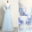Chic / Beautiful Sky Blue Evening Dresses  2019 A-Line / Princess V-Neck Pearl Rhinestone Lace Flower Short Sleeve Backless Floor-Length / Long Formal Dresses
