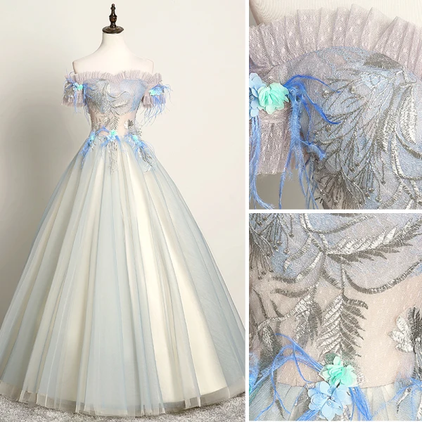 Mode Himmelblau Ballkleider 2019 A Linie Off Shoulder Spitze Blumen Perle Applikationen Kurze Ärmel Rückenfreies Lange Festliche Kleider