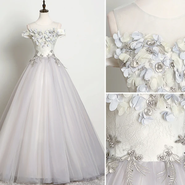 Élégant Gris Robe De Bal 2019 Princesse Encolure Dégagée Perle Faux Diamant Appliques En Dentelle Fleur Sans Manches Dos Nu Longue Robe De Ceremonie