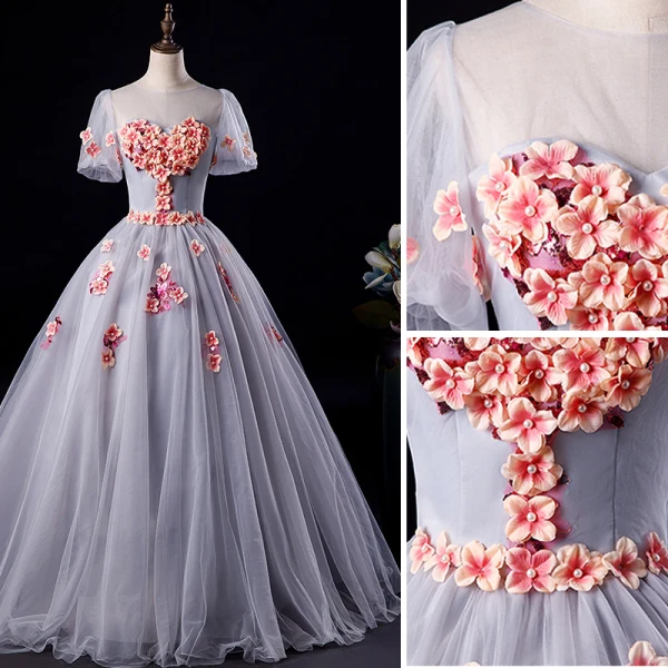 Elegant Grey Prom Dresses 2019 A-Line / Princess Scoop Neck Appliques Pearl Short Sleeve Backless Floor-Length / Long Formal Dresses