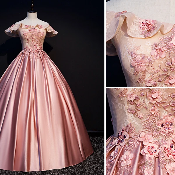 Elegant Candy Pink Prom Dresses 2019 Ball Gown Off-The-Shoulder Beading Appliques Lace Flower Sequins Short Sleeve Backless Floor-Length / Long Formal Dresses