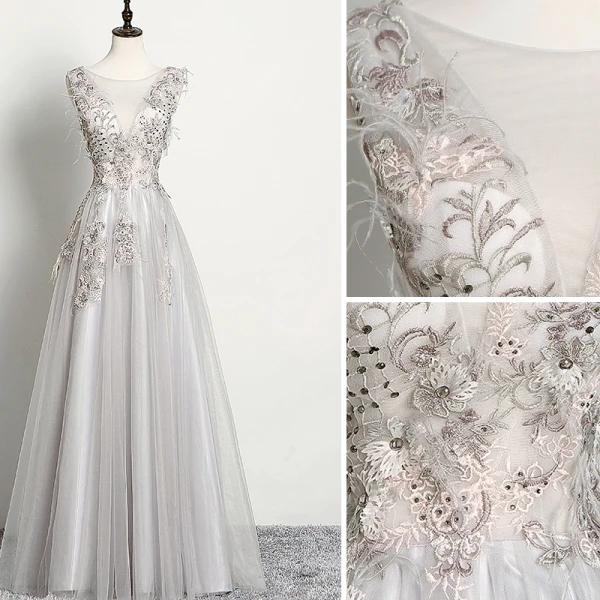 Chic / Belle Gris Robe De Soirée 2019 Princesse Sans Manches Perlage Faux Diamant En Dentelle Fleur Encolure Dégagée Dos Nu Longue Robe De Ceremonie