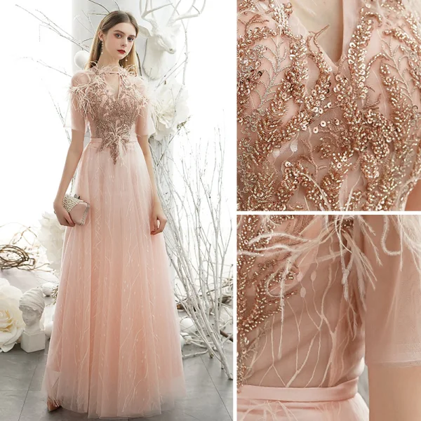 Chic / Belle Bordeaux Robe De Soirée 2018 Princesse Perlage Cristal Encolure Dégagée Dos Nu Sans Manches Longue Robe De Ceremonie