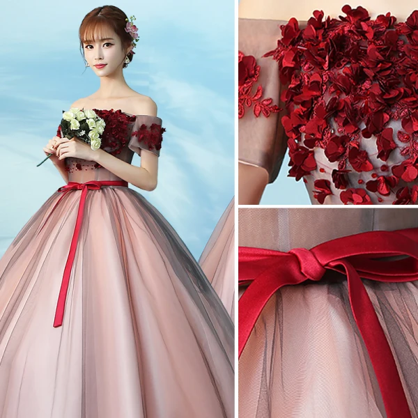 Elegant Blushing Pink Quinceañera Prom Dresses 2019 Ball Gown Off-The-Shoulder Appliques Lace Flower Bow Short Sleeve Backless Floor-Length / Long Formal Dresses