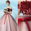 Elegant Blushing Pink Quinceañera Prom Dresses 2019 Ball Gown Off-The-Shoulder Appliques Lace Flower Bow Short Sleeve Backless Floor-Length / Long Formal Dresses