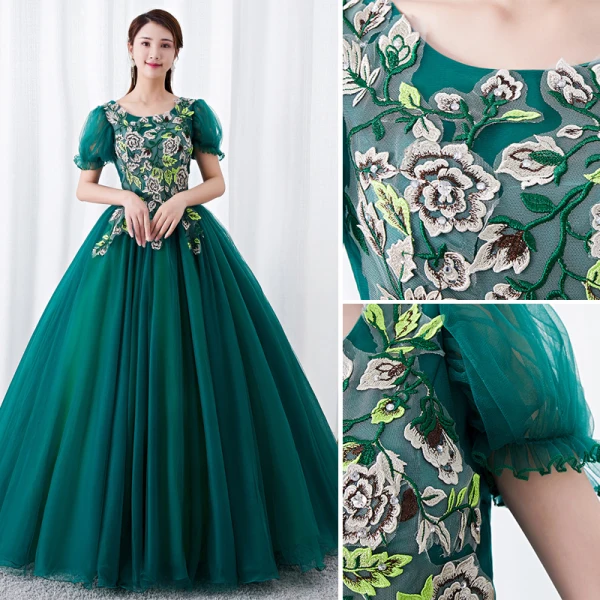 Chic / Beautiful Dark Green Prom Dresses 2019 Ball Gown Scoop Neck Rhinestone Lace Flower Short Sleeve Backless Floor-Length / Long Formal Dresses