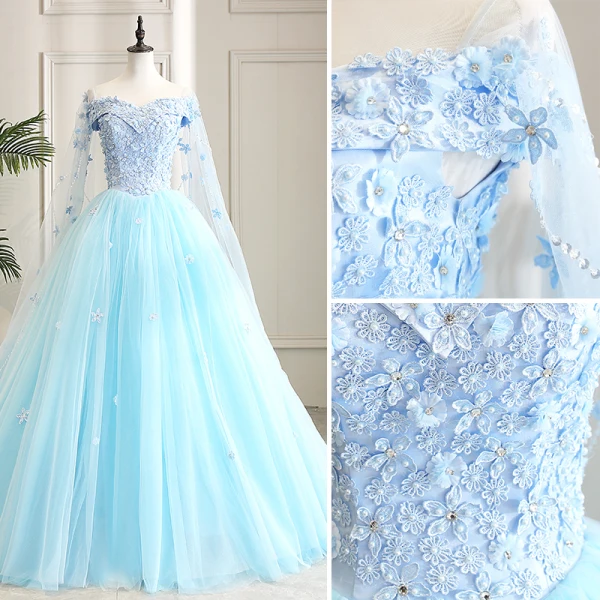Modern / Fashion Pool Blue Prom Dresses 2019 A-Line / Princess Square Neckline Appliques Lace Flower Pearl Rhinestone Short Sleeve Backless Watteau Train Formal Dresses