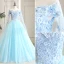 Modern / Fashion Pool Blue Prom Dresses 2019 A-Line / Princess Square Neckline Appliques Lace Flower Pearl Rhinestone Short Sleeve Backless Watteau Train Formal Dresses