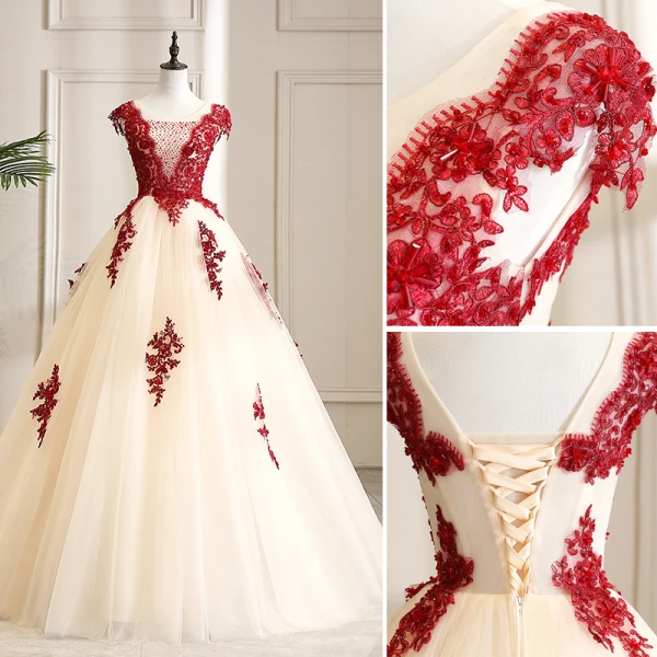 Elegant Champagne Prom Dresses 2019 A-Line / Princess Scoop Neck Beading Crystal Lace Flower Sleeveless Backless Floor-Length / Long Formal Dresses