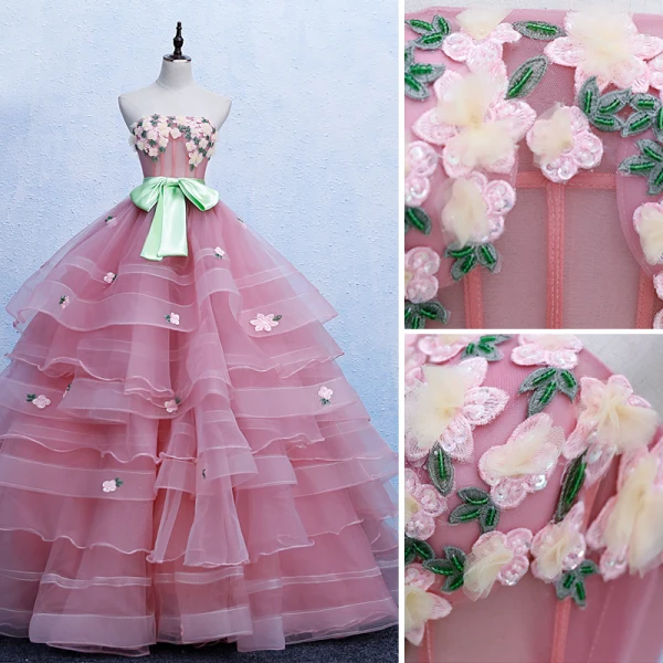 Schöne Pink Ballkleider 2019 Ballkleid Bandeau Schleife Spitze Blumen Ärmellos Rückenfreies Fallende Rüsche Sweep / Pinsel Zug Festliche Kleider