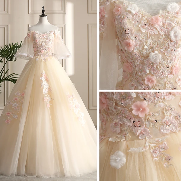 Chic / Beautiful Champagne Prom Dresses 2019 A-Line / Princess Off-The-Shoulder Lace Flower Appliques Pearl Sequins 1/2 Sleeves Backless Floor-Length / Long Formal Dresses