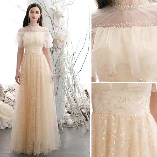 Chic / Belle Champagne Brodé Robe De Bal 2021 Princesse Col Haut Manches Courtes Dos Nu Longue Robe De Ceremonie