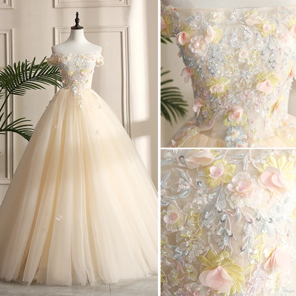 Chic / Beautiful Champagne Prom Dresses 2019 A-Line / Princess Off-The-Shoulder Pearl Sequins Lace Flower Appliques Sleeveless Backless Floor-Length / Long Formal Dresses