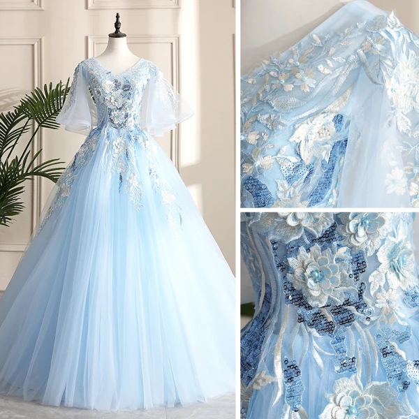 Classy Sky Blue Prom Dresses 2019 A-Line / Princess V-Neck Pearl Sequins Lace Flower Short Sleeve Backless Floor-Length / Long Formal Dresses