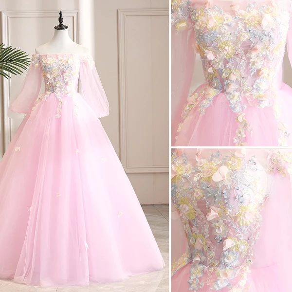 Elegant Candy Pink Prom Dresses 2019 A-Line / Princess Off-The-Shoulder Sequins Lace Flower Appliques 3/4 Sleeve Backless Floor-Length / Long Formal Dresses