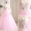 Elegant Candy Pink Prom Dresses 2019 A-Line / Princess Off-The-Shoulder Sequins Lace Flower Appliques 3/4 Sleeve Backless Floor-Length / Long Formal Dresses