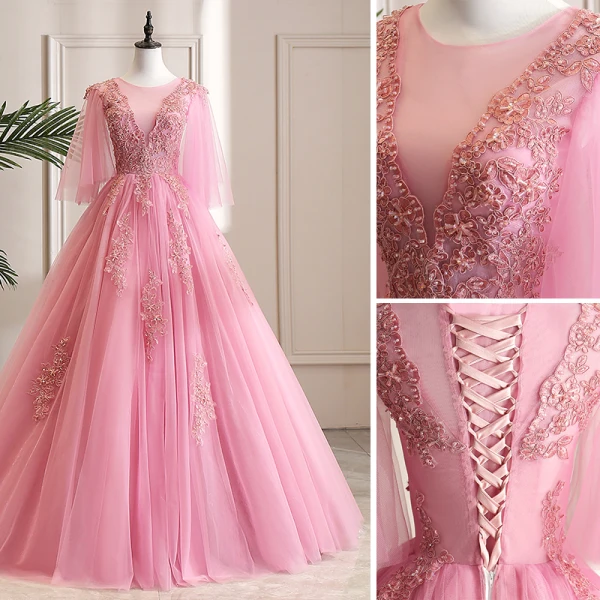Chic / Belle Rose Bonbon Robe De Bal 2019 Princesse Encolure Dégagée Cristal Perle En Dentelle Fleur 3/4 Manches Longue Robe De Ceremonie