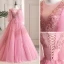 Chic / Belle Rose Bonbon Robe De Bal 2019 Princesse Encolure Dégagée Cristal Perle En Dentelle Fleur 3/4 Manches Longue Robe De Ceremonie