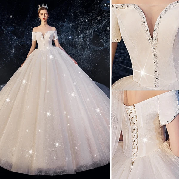 Charmant Ivoire Robe De Mariée 2019 Robe Boule De l'épaule Perlage Paillettes Manches Courtes Dos Nu Cathedral Train