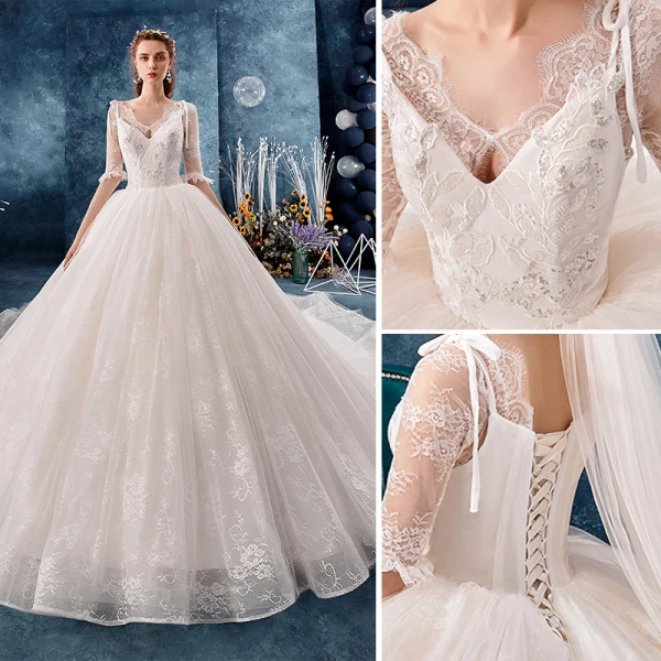 Charmant Ivoire Robe De Mariée 2019 Robe Boule V-Cou Noeud En Dentelle Fleur 1/2 Manches Dos Nu Royal Train