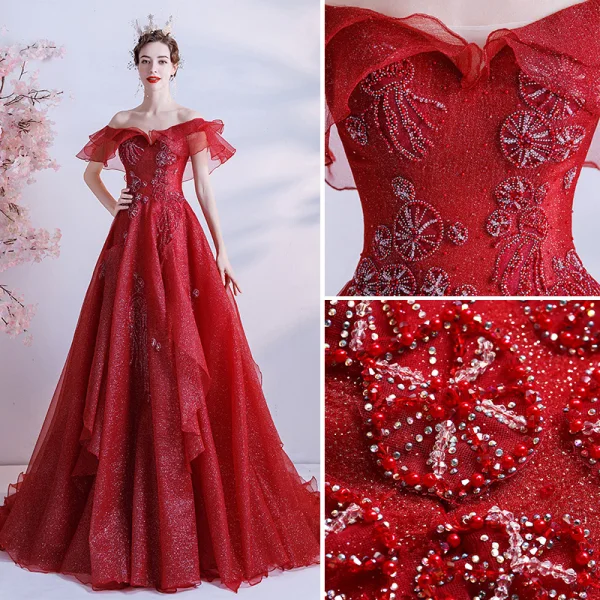 Sparkly Fashion Red Prom Dresses 2021 A-Line / Princess Off-The-Shoulder Handmade Beading Crystal Rhinestone Short Sleeve Backless Floor-Length / Long Formal Dresses