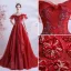 Sparkly Fashion Red Prom Dresses 2021 A-Line / Princess Off-The-Shoulder Handmade  Beading Crystal Rhinestone Short Sleeve Backless Floor-Length / Long Formal Dresses