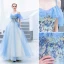 Chic / Beautiful Pool Blue Evening Dresses  2019 A-Line / Princess Spaghetti Straps Beading Lace Flower Short Sleeve Backless Floor-Length / Long Formal Dresses
