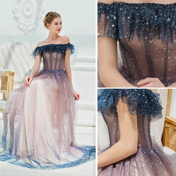 Glitzernden Rosa Abendkleider 2019 A Linie Off Shoulder Star Pailletten Kurze Ärmel Rückenfreies Lange Festliche Kleider