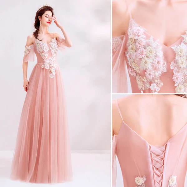 Elegant Pearl Pink Evening Dresses 2019 A-Line / Princess Spaghetti Straps Rhinestone Lace Flower Short Sleeve Backless Floor-Length / Long Formal Dresses