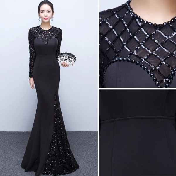 Chic / Belle Couleur Unie Noire Robe De Soirée 2019 Trompette / Sirène Encolure Dégagée Perlage Cristal Paillettes Manches Longues Dos Nu Longue Robe De Ceremonie