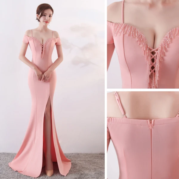 Chic / Belle Couleur Unie Ivoire Robe De Soirée 2019 Trompette / Sirène Bretelles Spaghetti Perlage Gland Sans Manches Dos Nu Fendue devant Longue Robe De Ceremonie