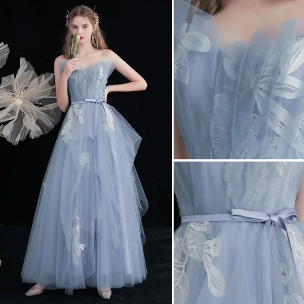 Modern / Fashion Grey Evening Dresses  2018 A-Line / Princess Beading Off-The-Shoulder Backless Short Sleeve Floor-Length / Long Formal Dresses
