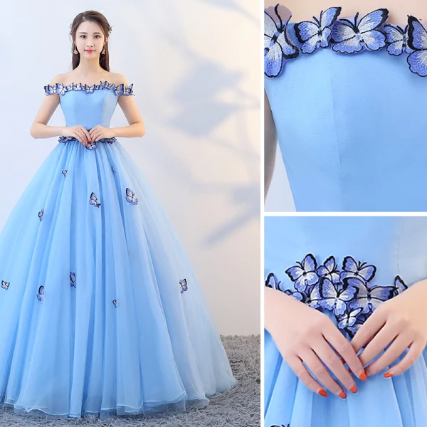 Chic / Beautiful Pool Blue Prom Dresses 2019 A-Line / Princess Off-The-Shoulder Lace Butterfly Sleeveless Backless Floor-Length / Long Formal Dresses
