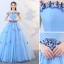 Chic / Beautiful Pool Blue Prom Dresses 2019 A-Line / Princess Off-The-Shoulder Lace Butterfly Sleeveless Backless Floor-Length / Long Formal Dresses