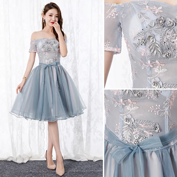 Chic / Beautiful Silver Cocktail Dresses 2019 A-Line / Princess Off-The-Shoulder Bow Pearl Lace Flower Short Sleeve Backless Short Formal Dresses