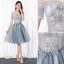 Chic / Beautiful Silver Cocktail Dresses 2019 A-Line / Princess Off-The-Shoulder Bow Pearl Lace Flower Short Sleeve Backless Short Formal Dresses