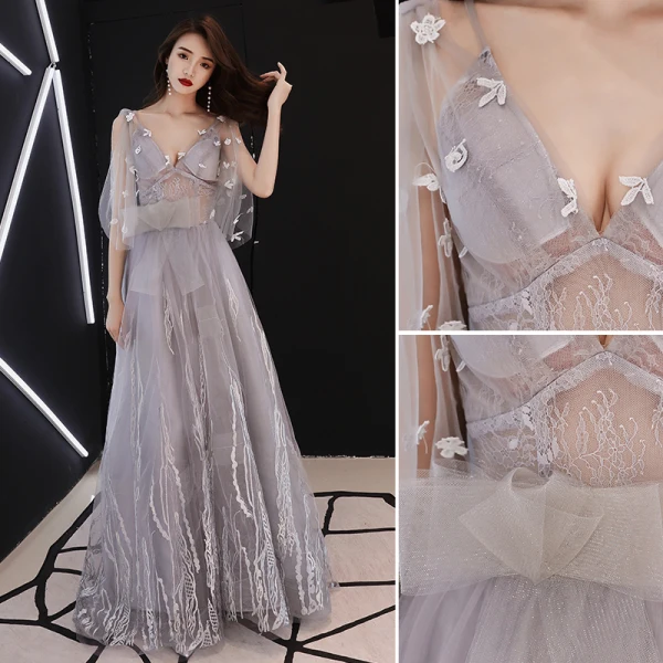 Élégant Gris Robe De Soirée 2019 Princesse V-Cou Noeud En Dentelle Fleur 1/2 Manches Dos Nu Longue Robe De Ceremonie