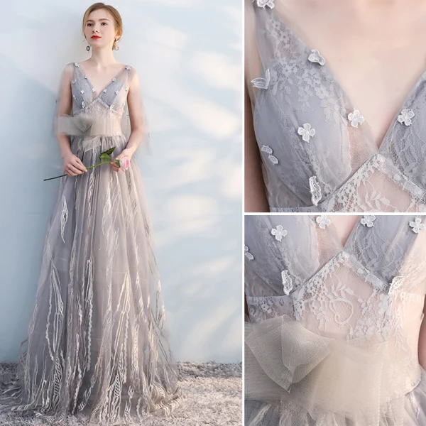 Chic / Beautiful Grey Evening Dresses 2019 A-Line / Princess V-Neck Bow Lace Flower 1/2 Sleeves Backless Sweep Train Formal Dresses