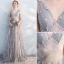 Chic / Beautiful Grey Evening Dresses  2019 A-Line / Princess V-Neck Bow Lace Flower 1/2 Sleeves Backless Sweep Train Formal Dresses