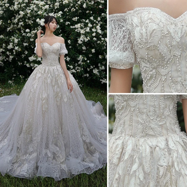 High-end Champagne Wedding Dresses 2019 A-Line / Princess Off-The-Shoulder Beading Lace Flower Short Sleeve Backless Cathedral Train