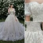 High-end Champagne Wedding Dresses 2019 A-Line / Princess Off-The-Shoulder Beading Lace Flower Short Sleeve Backless Cathedral Train