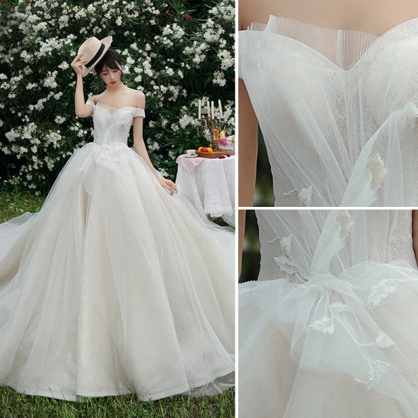 High-end Champagne Wedding Dresses 2019 Ball Gown Off-The-Shoulder Lace Flower Sleeveless Backless Royal Train