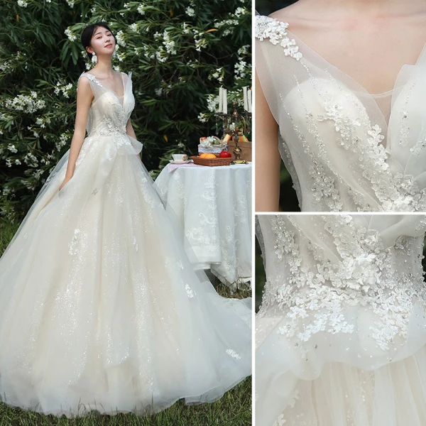 High-end Champagne Wedding Dresses 2019 A-Line / Princess V-Neck Beading Sequins Lace Flower Sleeveless Backless Chapel Train