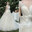 High-end Champagne Wedding Dresses 2019 A-Line / Princess V-Neck Beading Sequins Lace Flower Sleeveless Backless Chapel Train
