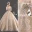 Luxury / Gorgeous Champagne Wedding Dresses 2019 Ball Gown Off-The-Shoulder Beading Tassel Pearl Crystal Lace Flower Rhinestone Sequins Short Sleeve Backless Cathedral Train