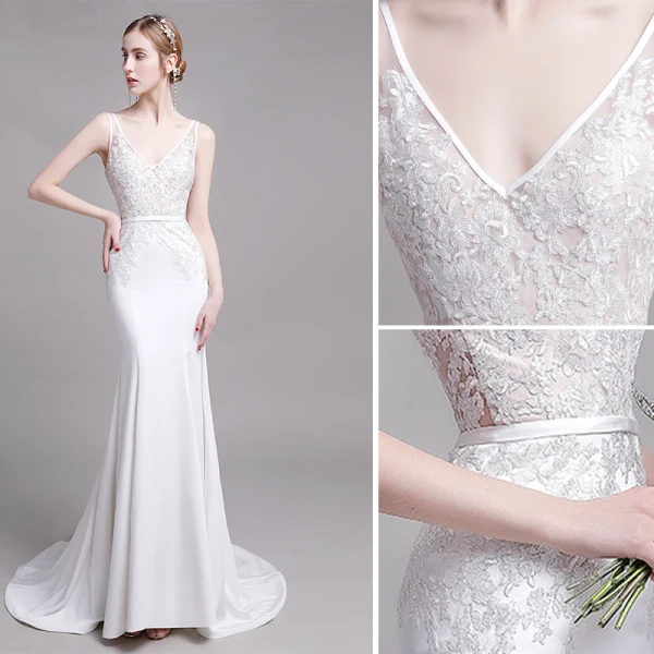 Chic / Beautiful White Wedding Dresses 2019 Trumpet / Mermaid V-Neck Lace Flower Sleeveless Backless Sweep Train