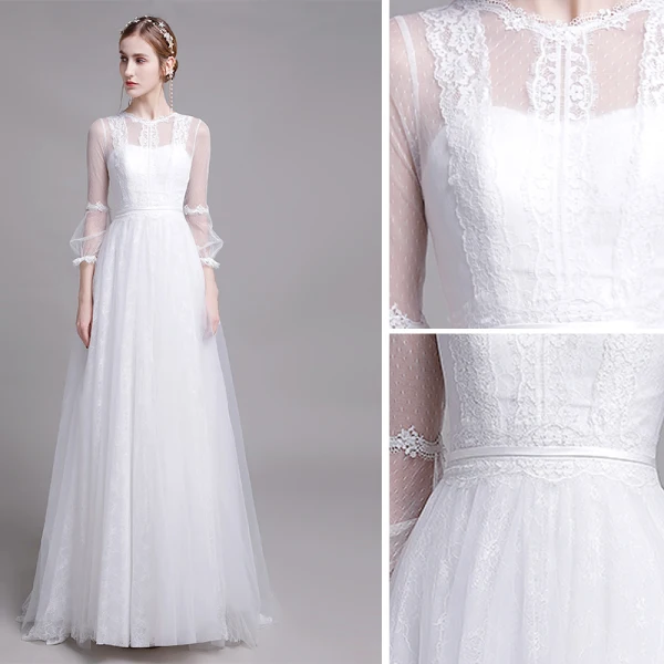 Modest / Simple White Beach Wedding Dresses 2019 A-Line / Princess Scoop Neck Pearl Lace Flower 3/4 Sleeve Floor-Length / Long