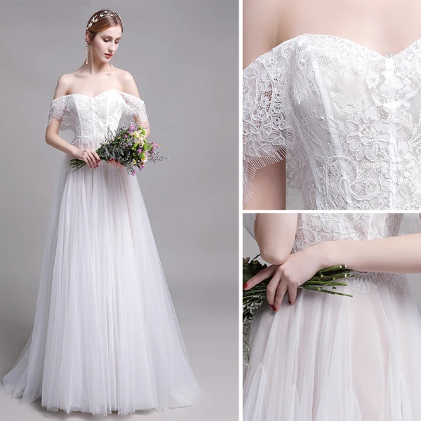 Chic / Beautiful White Beach Wedding Dresses 2019 A-Line / Princess Off-The-Shoulder Lace Flower Short Sleeve Backless Floor-Length / Long